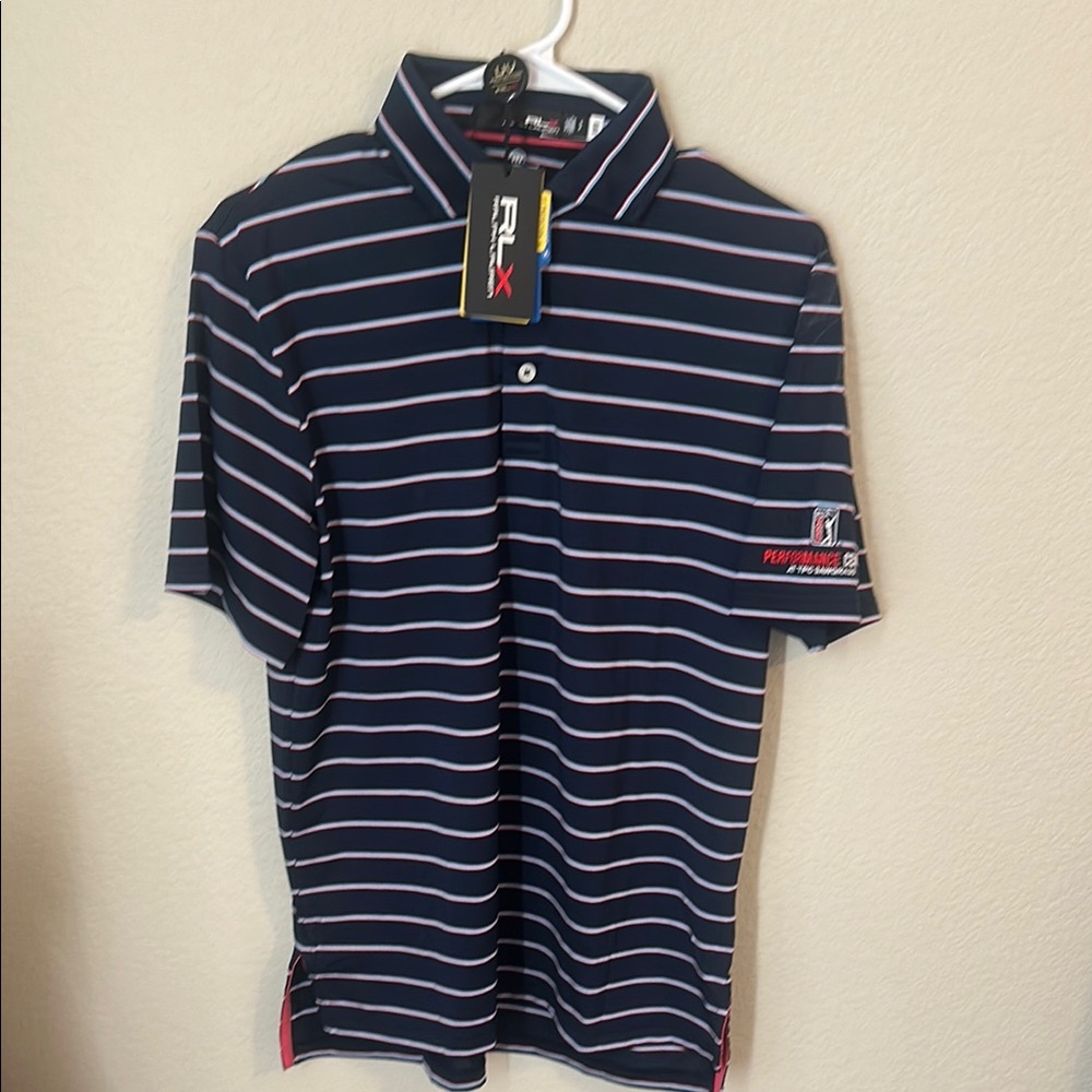 RLX Ralph Lauren Navy and White Striped Polo Shirt